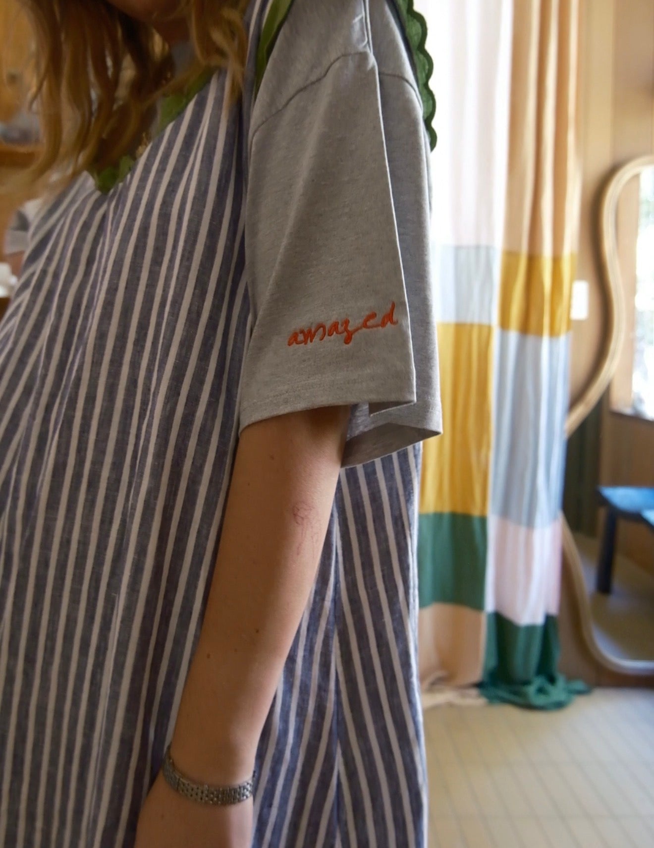Cotton Boxy Embroidered Tee. Heather Grey
